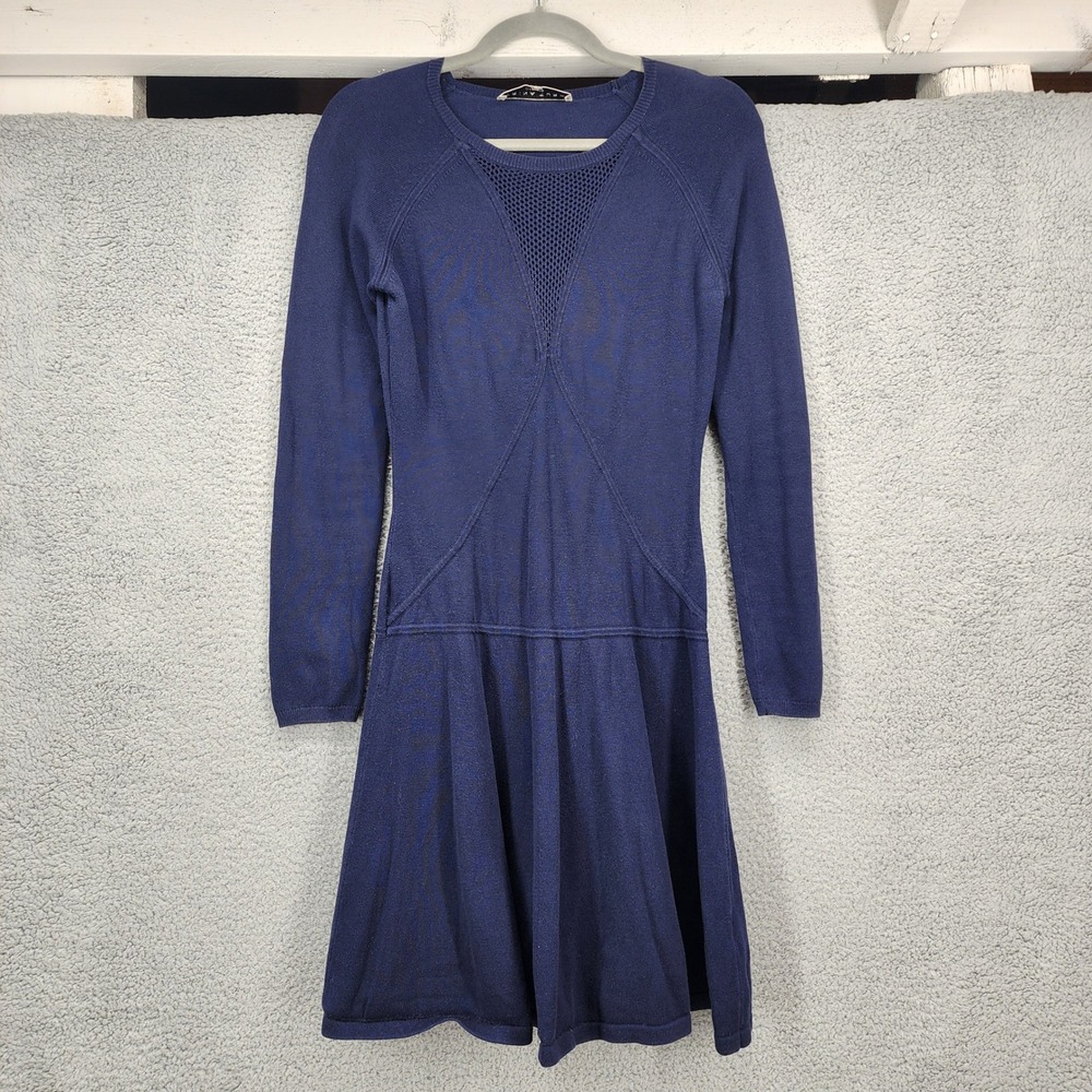 Trina‎ Turk Navy Blue Mesh Inset Long Sleeve Sweater Dress Womens Small